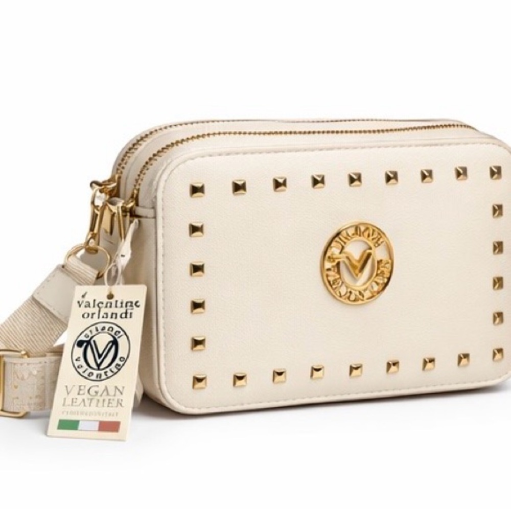 Valentino Orlandi Studded Ivory Vegan Leather Crossbody Camera Bag NWT